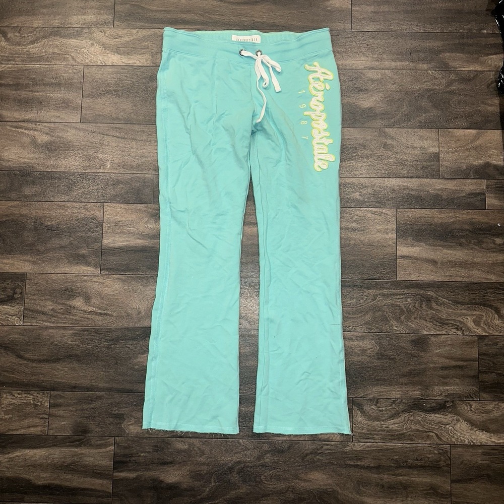 Y2K Aeropostale Sweatpants Fleece Relaxed Fit Script Women's Large Turquoise